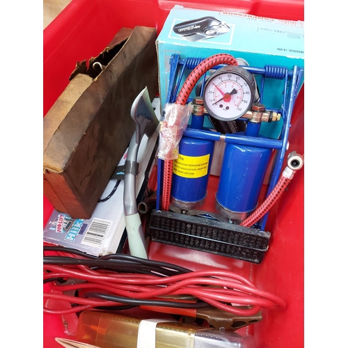 309 - Two boxes containing small gardening hand tools, twin cylinder foot pump, metal cased avometer and t... 