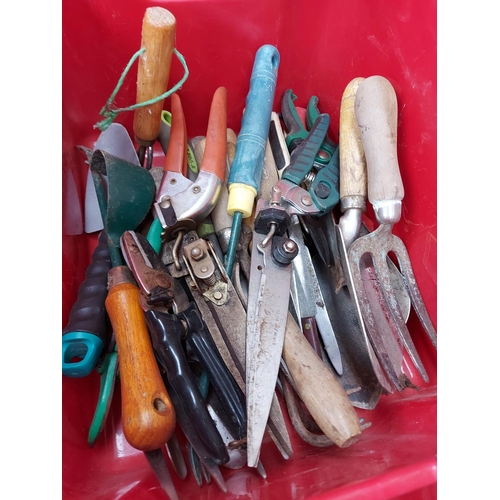 309 - Two boxes containing small gardening hand tools, twin cylinder foot pump, metal cased avometer and t... 