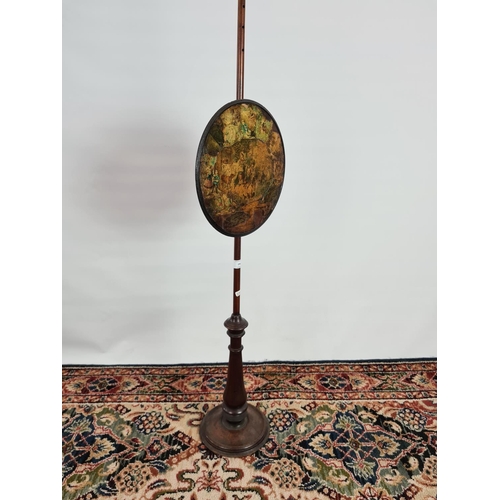 236 - A Victorian mahogany adjustable fire screen with circular guard with scrap book collage scenes and t... 