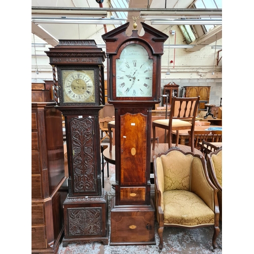 239 - A Georgian inlaid mahogany grandfather clock with white enamel face marked “Jam.S Gordon of Dublin”,... 