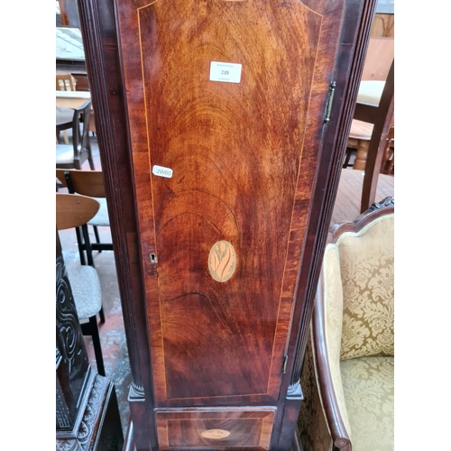 239 - A Georgian inlaid mahogany grandfather clock with white enamel face marked “Jam.S Gordon of Dublin”,... 
