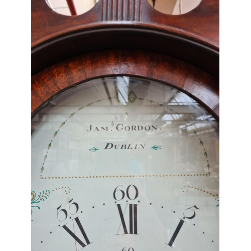 239 - A Georgian inlaid mahogany grandfather clock with white enamel face marked “Jam.S Gordon of Dublin”,... 