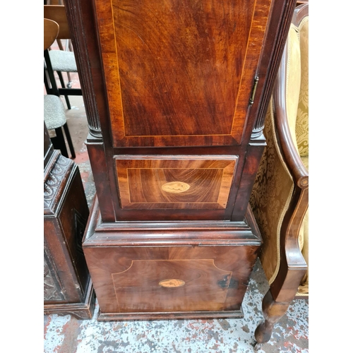 239 - A Georgian inlaid mahogany grandfather clock with white enamel face marked “Jam.S Gordon of Dublin”,... 