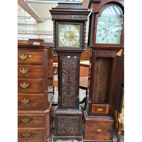 240 - A Victorian Gothic revival oak grandfather clock with brass face by John Holroyd, gilt metal corners... 