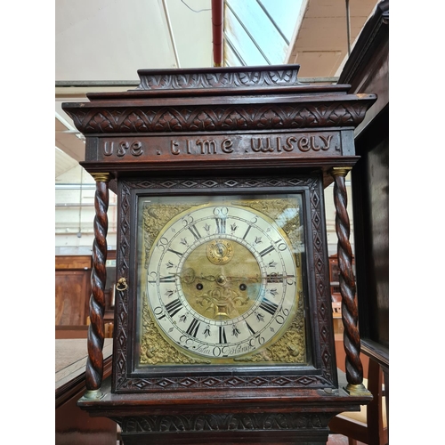 240 - A Victorian Gothic revival oak grandfather clock with brass face by John Holroyd, gilt metal corners... 