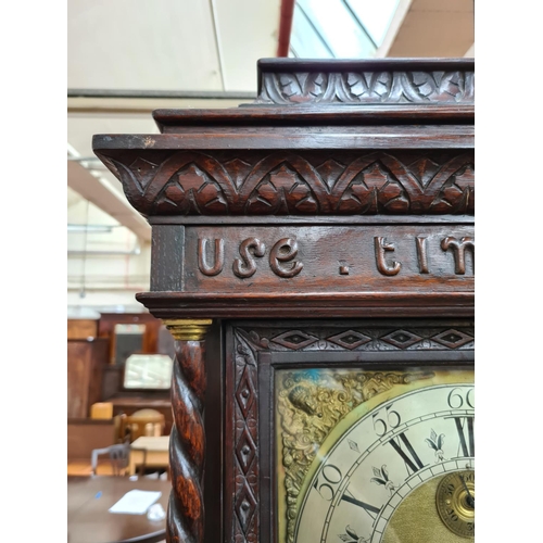 240 - A Victorian Gothic revival oak grandfather clock with brass face by John Holroyd, gilt metal corners... 