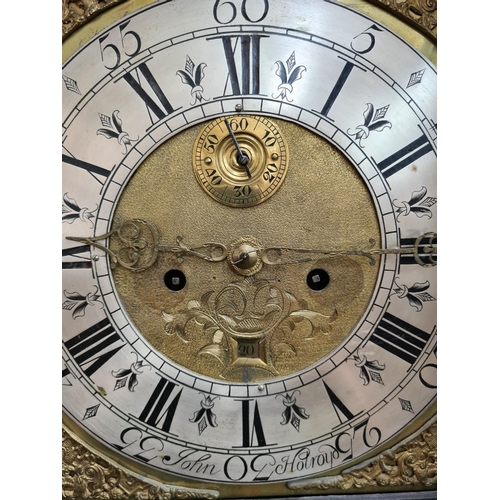 240 - A Victorian Gothic revival oak grandfather clock with brass face by John Holroyd, gilt metal corners... 
