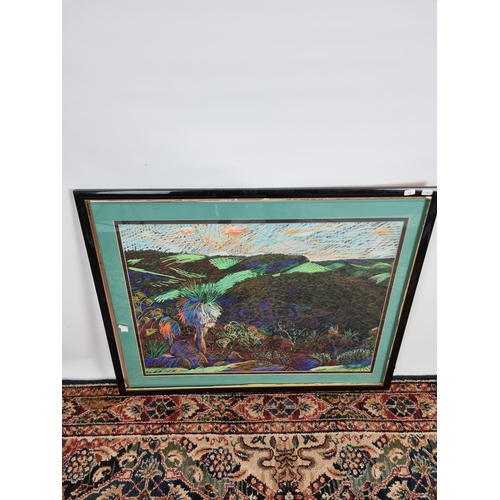 245 - A framed chalk picture of a multicoloured desert landscape in the style of William Crozier