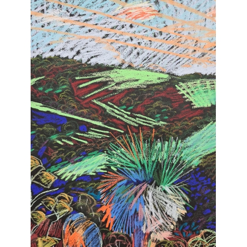 245 - A framed chalk picture of a multicoloured desert landscape in the style of William Crozier