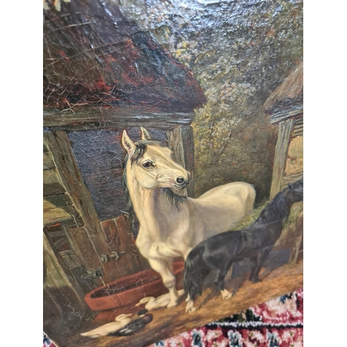 251 - A 19th century unsigned and frameless oil on canvas of horses at stable scene - measuring approx. 61... 