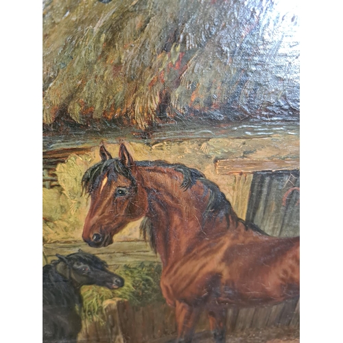 251 - A 19th century unsigned and frameless oil on canvas of horses at stable scene - measuring approx. 61... 