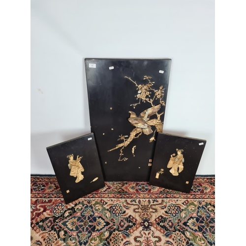252 - Three 19th century Japan lacquered panels with mother of pearl and ivory artwork depicting birds and... 