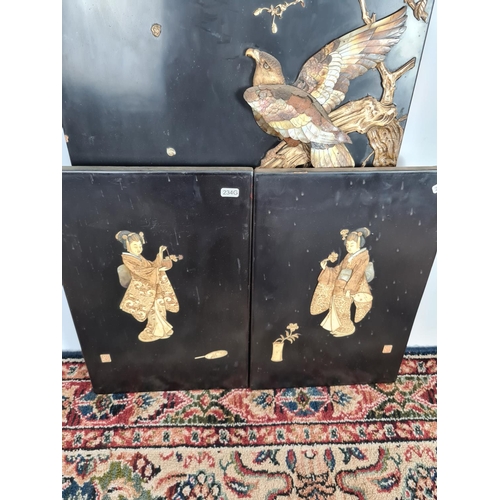 252 - Three 19th century Japan lacquered panels with mother of pearl and ivory artwork depicting birds and... 