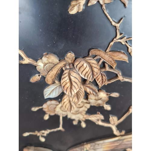 252 - Three 19th century Japan lacquered panels with mother of pearl and ivory artwork depicting birds and... 