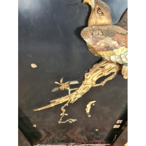 252 - Three 19th century Japan lacquered panels with mother of pearl and ivory artwork depicting birds and... 