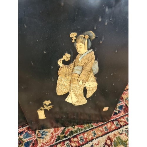 252 - Three 19th century Japan lacquered panels with mother of pearl and ivory artwork depicting birds and... 