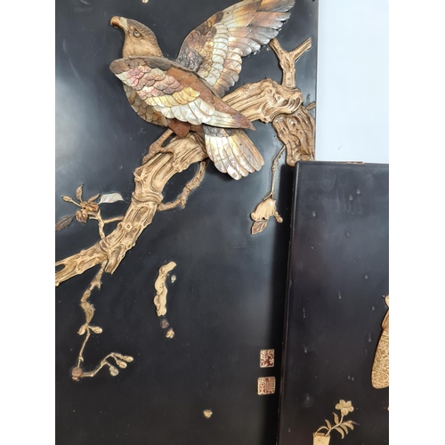 252 - Three 19th century Japan lacquered panels with mother of pearl and ivory artwork depicting birds and... 