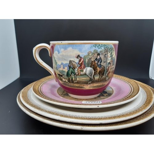 43A - Four pieces of 19th century Prattware to include three plates, one titled ‘The battle of the Nile’ a... 