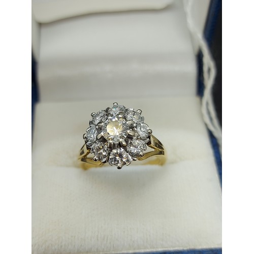 96 - An excellent quality ladies hallmarked 18ct yellow gold, 1.38ct diamond cluster ring with nine inset... 