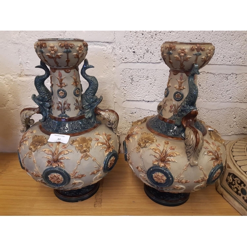 113 - An exceptional pair of 19th century Wilhelm Schiller & Son Bohemia Majolica twin handled vases with ... 