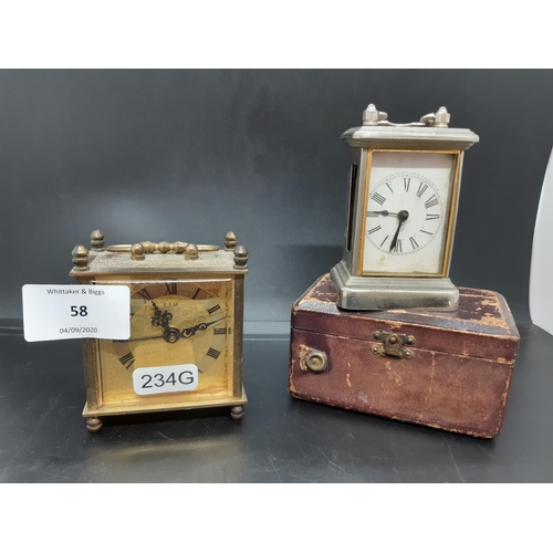 58 - Two vintage travel clocks to include a brass cased ‘LSM’ and a leather cased miniature carriage cloc... 