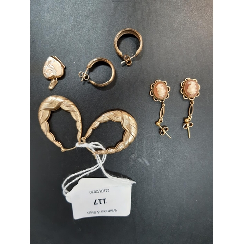 117 - A collection of hallmarked 9ct gold jewellery comprising a large pair of earrings with etched design... 