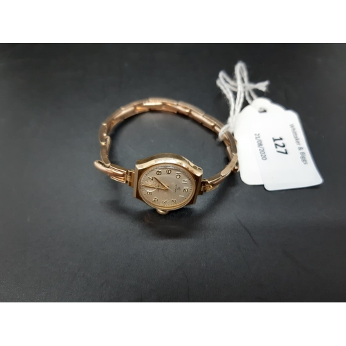 127 - A vintage ladies hallmarked 9ct gold manual wind Swiss, Cyma Cymaflex ladies wrist watch with white ... 