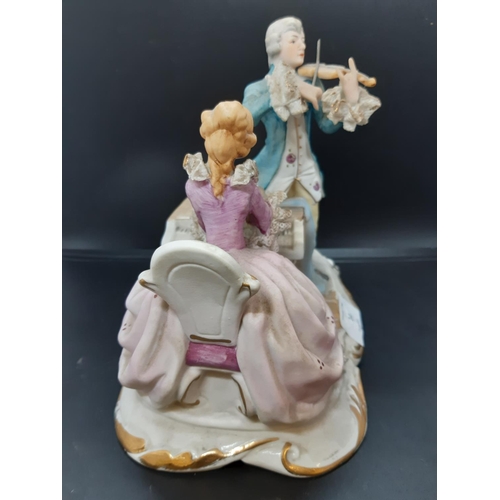 14 - A late 19th/early 20th century Sitzendorf style porcelain figurine of two musicians, a lady playing ... 