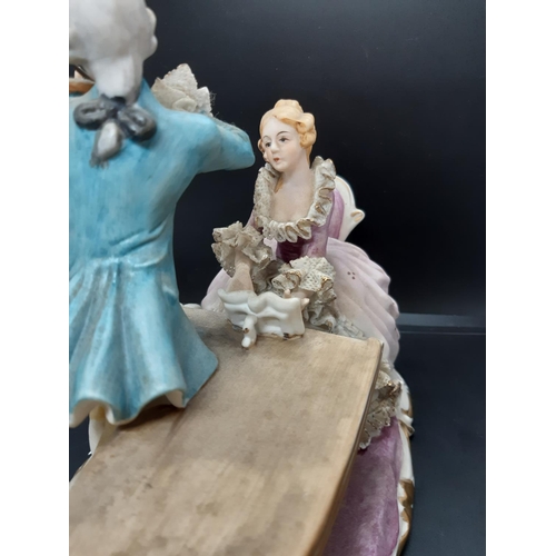 14 - A late 19th/early 20th century Sitzendorf style porcelain figurine of two musicians, a lady playing ... 