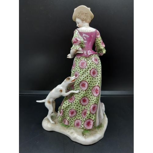 22 - A mid 20th century Ludwigsburg porcelain figurine of a dog attacking lady in dress with 