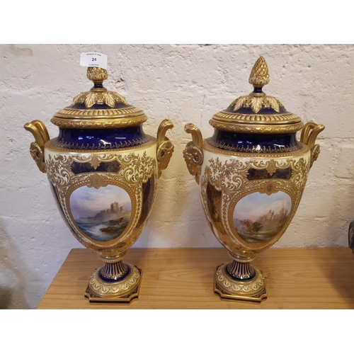 24 - A pair of excellent quality Coalport covered urns with hand painted scenes, each featuring a large b... 