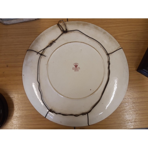 37 - A Mason's Vista pattern pink transfer printed platter/charger with repeated board and central landsc... 