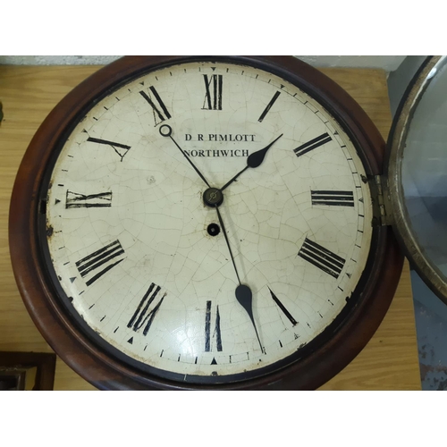 51 - A Victorian mahogany cased single fussee wall clock with off white enamel face, pendulum, brass beze... 