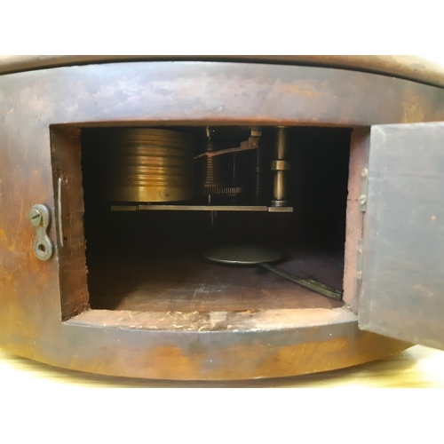 51 - A Victorian mahogany cased single fussee wall clock with off white enamel face, pendulum, brass beze... 