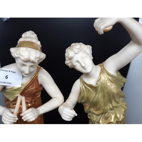 6 - A pair of Royal Worcester porcelain figurines of Greek ladies playing cymbals and aulos, modelled by... 