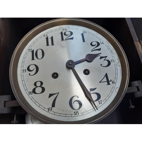 131 - Two vintage oak cased chiming wall clocks with silvered dials, both with keys and pendulums