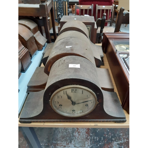 137 - Five various vintage mantel clocks to include an oak cased domed top chiming clock, Art Deco oak cas... 