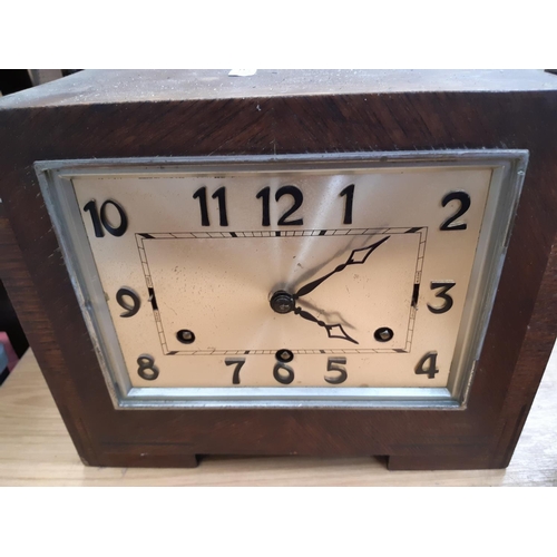 137 - Five various vintage mantel clocks to include an oak cased domed top chiming clock, Art Deco oak cas... 