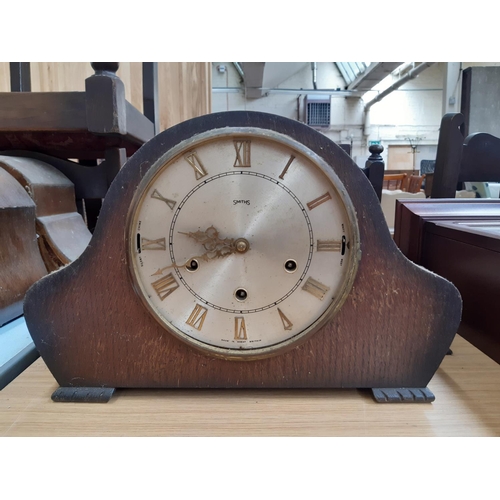 137 - Five various vintage mantel clocks to include an oak cased domed top chiming clock, Art Deco oak cas... 