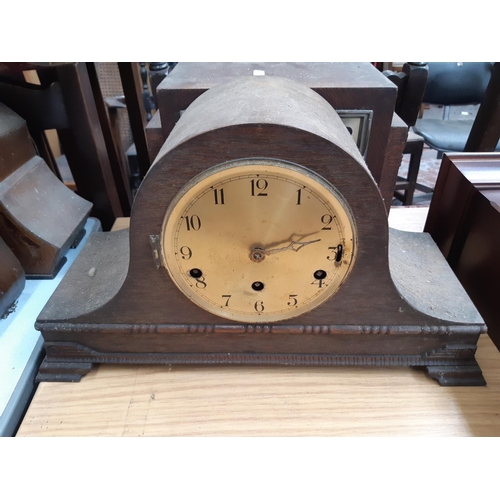 137 - Five various vintage mantel clocks to include an oak cased domed top chiming clock, Art Deco oak cas... 