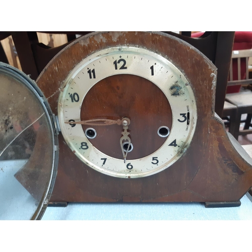 138 - Five various vintage mantel clocks to include two oak cased Smiths Enfield chiming clocks, inlaid oa... 