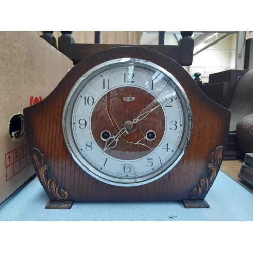 138 - Five various vintage mantel clocks to include two oak cased Smiths Enfield chiming clocks, inlaid oa... 