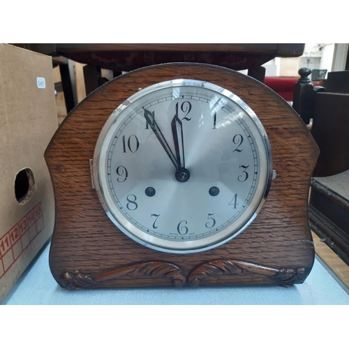 138 - Five various vintage mantel clocks to include two oak cased Smiths Enfield chiming clocks, inlaid oa... 