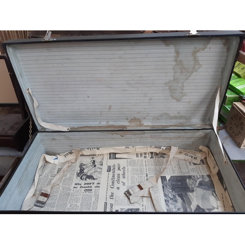 149 - A 1940s black canvas travel trunk with two concealed suitcases