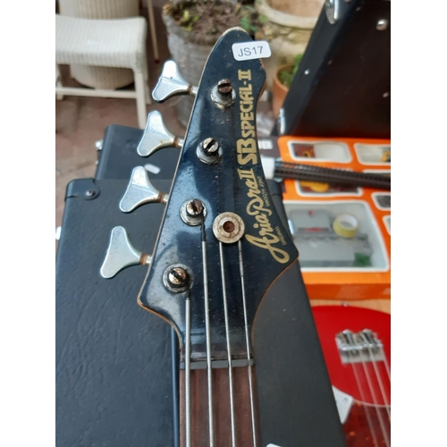 176 - A vintage black Aria pro II SB special II four string electric bass guitar together with a PB blazer... 