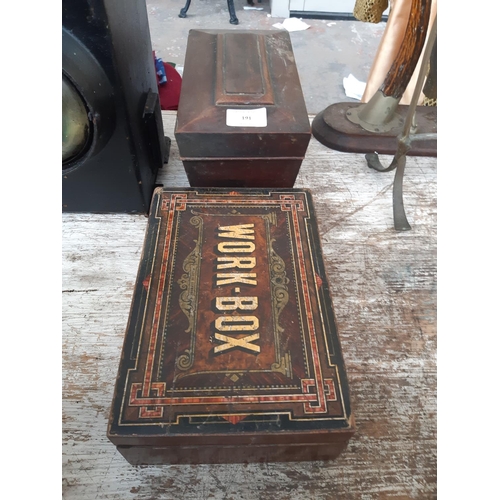 191 - Two boxes to include a Georgian sarcophagus mahogany tea caddy (missing interior) and a Victorian Ge... 