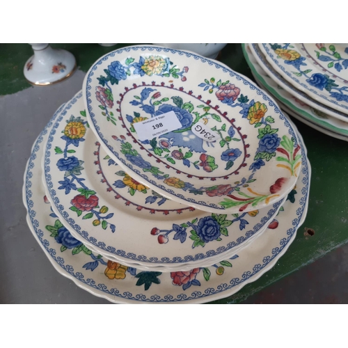 198 - A collection of mixed china to include ‘Minton Haddon Hall’ side plates, ‘Masons Regency’ dinner war... 