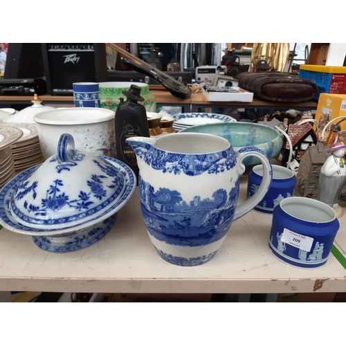 209 - A collection of mixed China to include blue and white Minton ‘Delft’ lidded tureen, Copeland Spode I... 