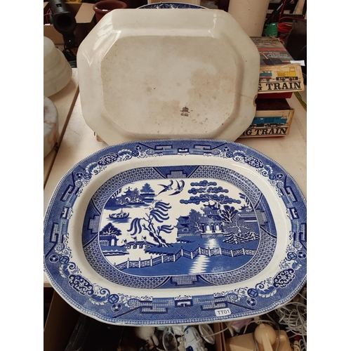 218 - A collection of blue and white china to include a Delft Blauw charger, large J. Meir & Son serving p... 