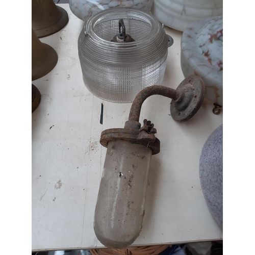 219 - Four Art Deco mottled glass fly catcher ceiling light shades together with a 1930s industrial glass ... 